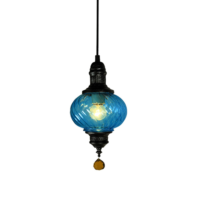 1 Light Pendant Lighting Moroccan Oval Red/Blue/Green Textured Glass Hanging Ceiling Light for Restaurant Clearhalo 'Ceiling Lights' 'Chandeliers' 'Glass shade' 'Glass' 'Pendant Lights' 'Pendants' Lighting' 285136
