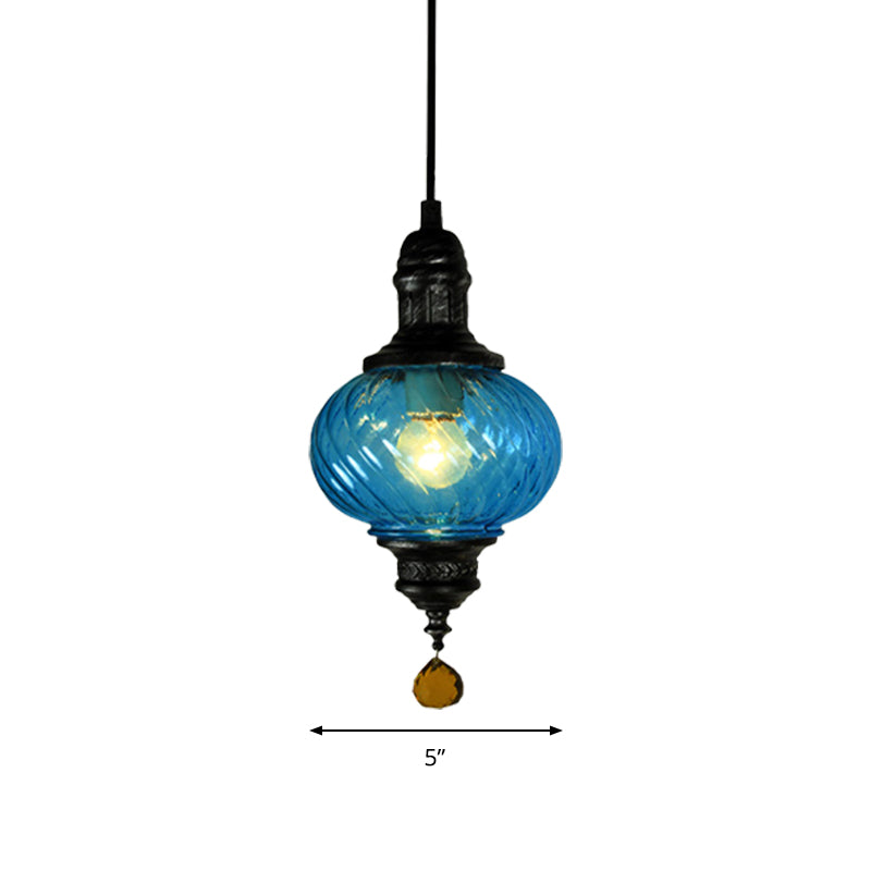 1 Light Pendant Lighting Moroccan Oval Red/Blue/Green Textured Glass Hanging Ceiling Light for Restaurant Clearhalo 'Ceiling Lights' 'Chandeliers' 'Glass shade' 'Glass' 'Pendant Lights' 'Pendants' Lighting' 285137