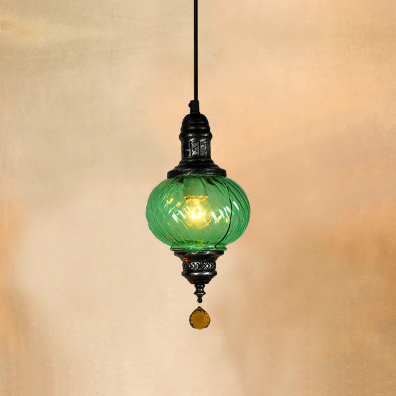 1 Light Pendant Lighting Moroccan Oval Red/Blue/Green Textured Glass Hanging Ceiling Light for Restaurant Green Clearhalo 'Ceiling Lights' 'Chandeliers' 'Glass shade' 'Glass' 'Pendant Lights' 'Pendants' Lighting' 285138
