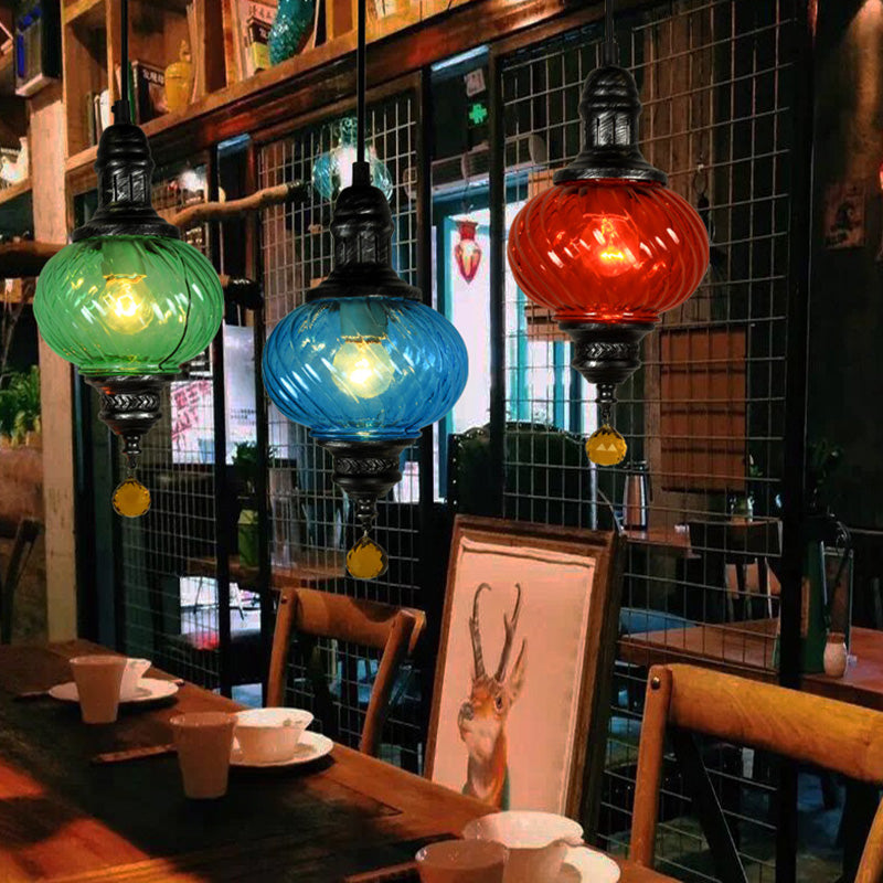 1 Light Pendant Lighting Moroccan Oval Red/Blue/Green Textured Glass Hanging Ceiling Light for Restaurant Clearhalo 'Ceiling Lights' 'Chandeliers' 'Glass shade' 'Glass' 'Pendant Lights' 'Pendants' Lighting' 285139
