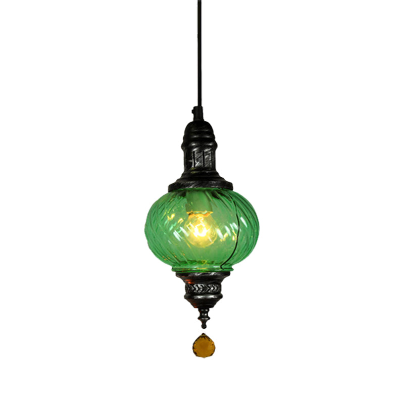 1 Light Pendant Lighting Moroccan Oval Red/Blue/Green Textured Glass Hanging Ceiling Light for Restaurant Clearhalo 'Ceiling Lights' 'Chandeliers' 'Glass shade' 'Glass' 'Pendant Lights' 'Pendants' Lighting' 285140