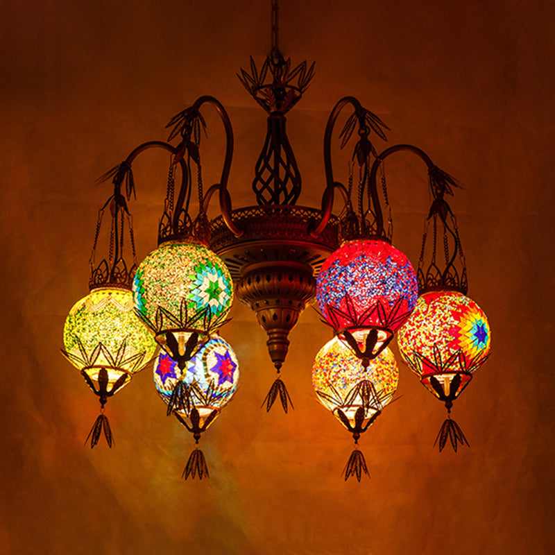6 Lights Globe Hanging Chandelier Moroccan Brass Cut Glass Suspension Pendant for Dining Room Brass Clearhalo 'Ceiling Lights' 'Chandeliers' 'Glass shade' 'Glass' 'Pendant Lights' Lighting' 285142
