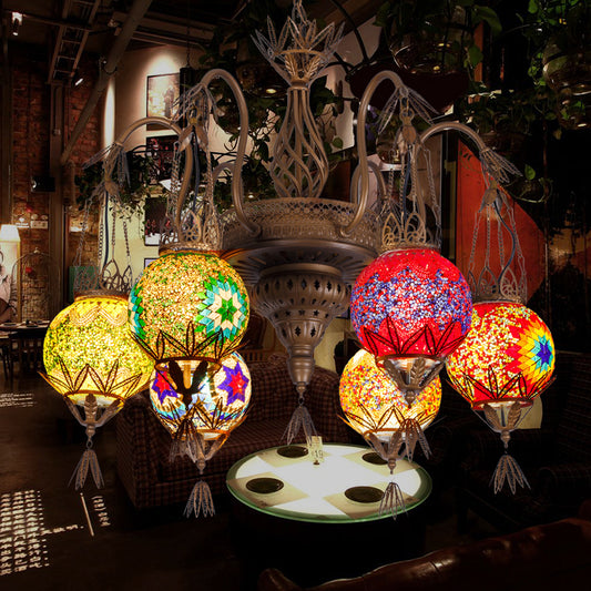 6 Lights Globe Hanging Chandelier Moroccan Brass Cut Glass Suspension Pendant for Dining Room Clearhalo 'Ceiling Lights' 'Chandeliers' 'Glass shade' 'Glass' 'Pendant Lights' Lighting' 285143
