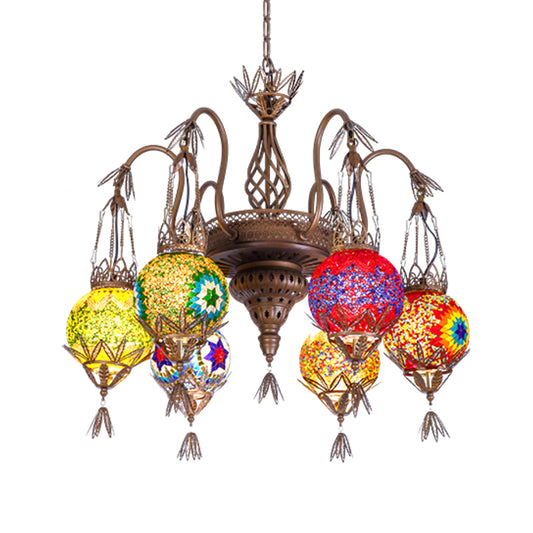 6 Lights Globe Hanging Chandelier Moroccan Brass Cut Glass Suspension Pendant for Dining Room Clearhalo 'Ceiling Lights' 'Chandeliers' 'Glass shade' 'Glass' 'Pendant Lights' Lighting' 285145