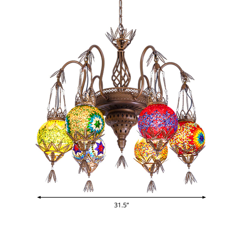 6 Lights Globe Hanging Chandelier Moroccan Brass Cut Glass Suspension Pendant for Dining Room Clearhalo 'Ceiling Lights' 'Chandeliers' 'Glass shade' 'Glass' 'Pendant Lights' Lighting' 285146