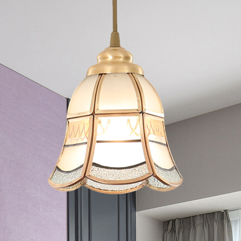 Frosted Glass Bowl/Flower/Wide Flare Hanging Lamp Kit Traditional Style 1 Light Dining Room Pendant Light in Brass Clearhalo 'Ceiling Lights' 'Glass shade' 'Glass' 'Pendant Lights' 'Pendants' Lighting' 285170