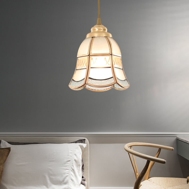 Frosted Glass Bowl/Flower/Wide Flare Hanging Lamp Kit Traditional Style 1 Light Dining Room Pendant Light in Brass Clearhalo 'Ceiling Lights' 'Glass shade' 'Glass' 'Pendant Lights' 'Pendants' Lighting' 285171