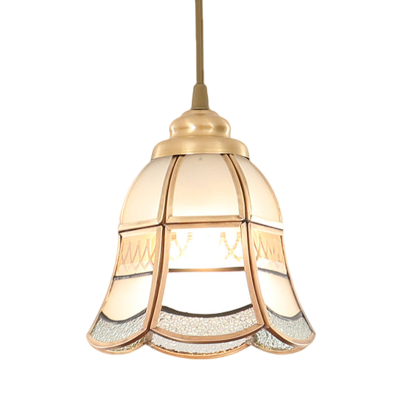 Frosted Glass Bowl/Flower/Wide Flare Hanging Lamp Kit Traditional Style 1 Light Dining Room Pendant Light in Brass Clearhalo 'Ceiling Lights' 'Glass shade' 'Glass' 'Pendant Lights' 'Pendants' Lighting' 285172