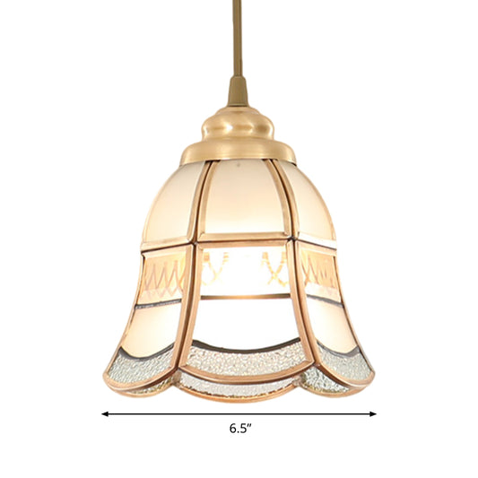 Frosted Glass Bowl/Flower/Wide Flare Hanging Lamp Kit Traditional Style 1 Light Dining Room Pendant Light in Brass Clearhalo 'Ceiling Lights' 'Glass shade' 'Glass' 'Pendant Lights' 'Pendants' Lighting' 285173