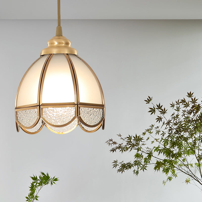 Frosted Glass Bowl/Flower/Wide Flare Hanging Lamp Kit Traditional Style 1 Light Dining Room Pendant Light in Brass Brass Bowl Clearhalo 'Ceiling Lights' 'Glass shade' 'Glass' 'Pendant Lights' 'Pendants' Lighting' 285174