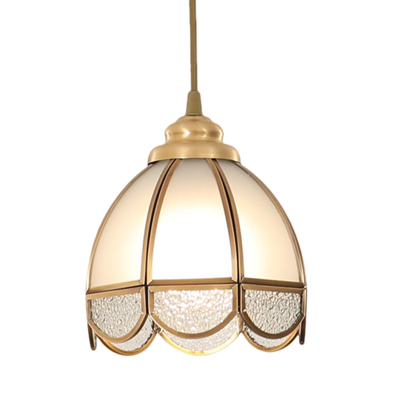 Frosted Glass Bowl/Flower/Wide Flare Hanging Lamp Kit Traditional Style 1 Light Dining Room Pendant Light in Brass Clearhalo 'Ceiling Lights' 'Glass shade' 'Glass' 'Pendant Lights' 'Pendants' Lighting' 285176