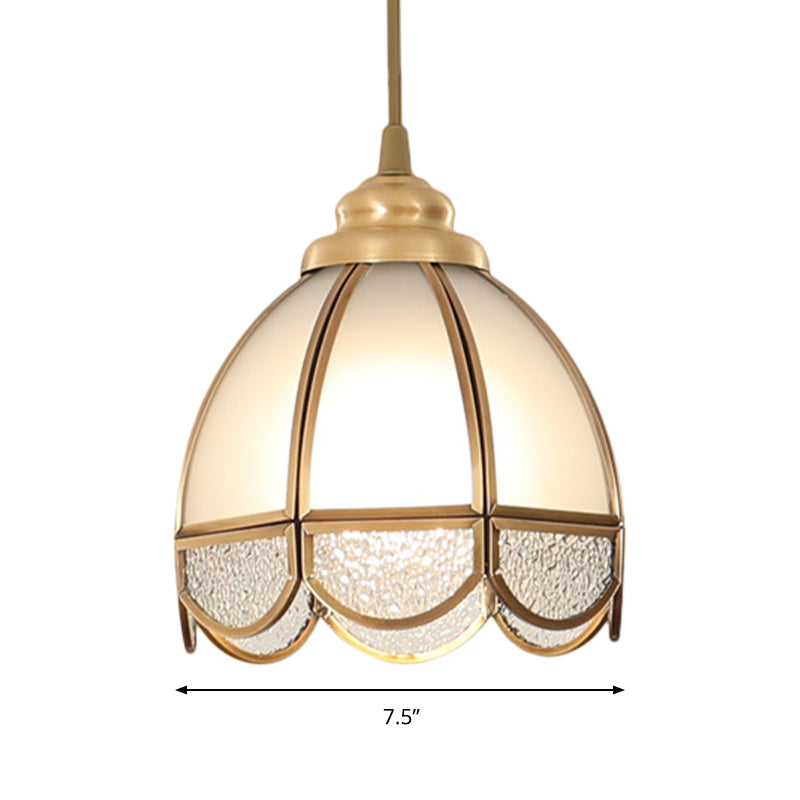 Frosted Glass Bowl/Flower/Wide Flare Hanging Lamp Kit Traditional Style 1 Light Dining Room Pendant Light in Brass Clearhalo 'Ceiling Lights' 'Glass shade' 'Glass' 'Pendant Lights' 'Pendants' Lighting' 285177