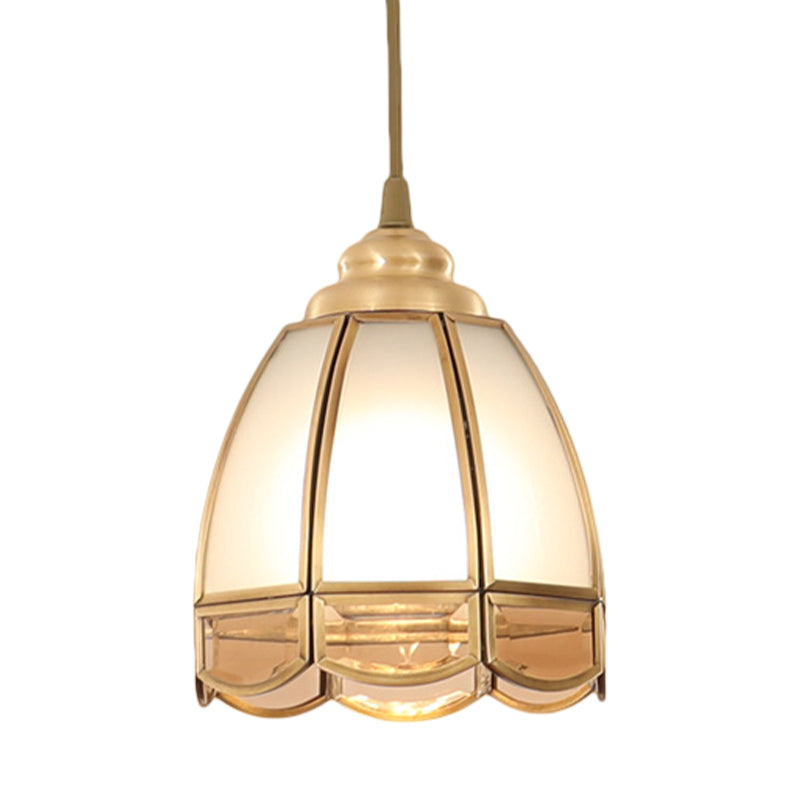 Frosted Glass Bowl/Flower/Wide Flare Hanging Lamp Kit Traditional Style 1 Light Dining Room Pendant Light in Brass Clearhalo 'Ceiling Lights' 'Glass shade' 'Glass' 'Pendant Lights' 'Pendants' Lighting' 285180
