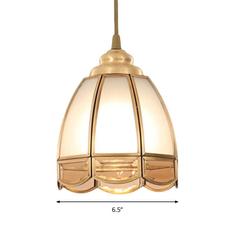 Frosted Glass Bowl/Flower/Wide Flare Hanging Lamp Kit Traditional Style 1 Light Dining Room Pendant Light in Brass Clearhalo 'Ceiling Lights' 'Glass shade' 'Glass' 'Pendant Lights' 'Pendants' Lighting' 285181