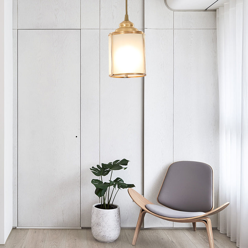 Cylinder White Glass Pendant Light Fixture Classic 5"/5.5"/6" Wide 1 Light Dining Room Hanging Lamp Kit Clearhalo 'Ceiling Lights' 'Glass shade' 'Glass' 'Pendant Lights' 'Pendants' Lighting' 285190