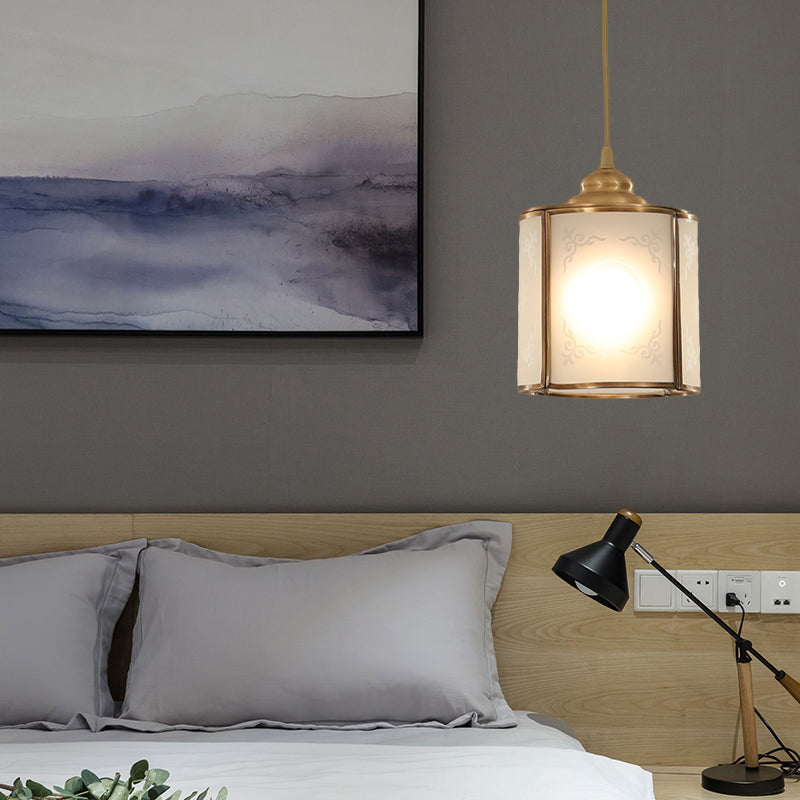 Cylinder White Glass Pendant Light Fixture Classic 5"/5.5"/6" Wide 1 Light Dining Room Hanging Lamp Kit Clearhalo 'Ceiling Lights' 'Glass shade' 'Glass' 'Pendant Lights' 'Pendants' Lighting' 285194