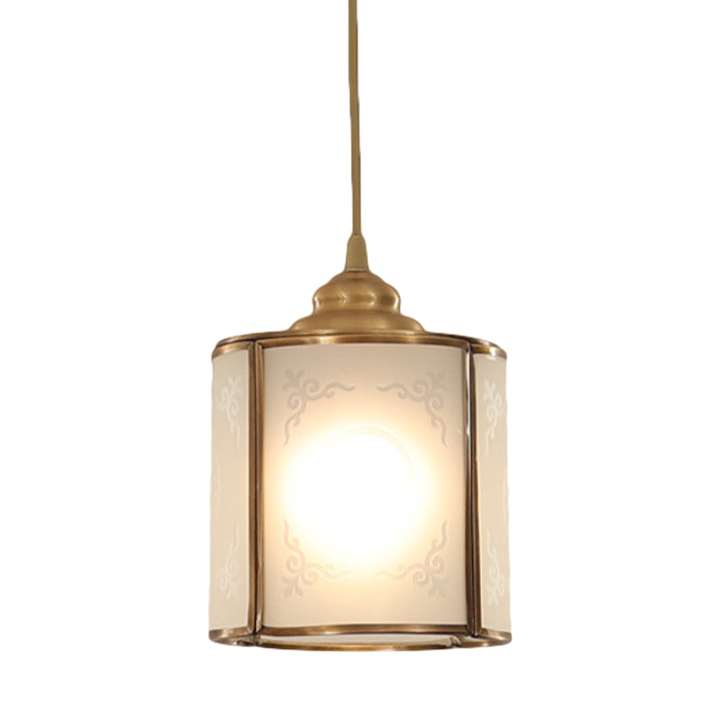 Cylinder White Glass Pendant Light Fixture Classic 5"/5.5"/6" Wide 1 Light Dining Room Hanging Lamp Kit Clearhalo 'Ceiling Lights' 'Glass shade' 'Glass' 'Pendant Lights' 'Pendants' Lighting' 285195