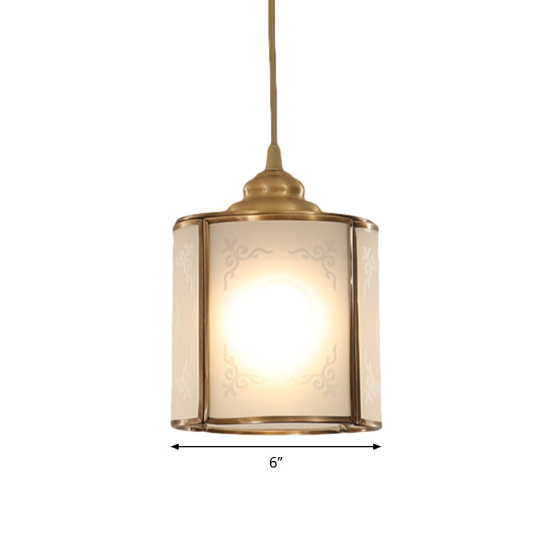Cylinder White Glass Pendant Light Fixture Classic 5"/5.5"/6" Wide 1 Light Dining Room Hanging Lamp Kit Clearhalo 'Ceiling Lights' 'Glass shade' 'Glass' 'Pendant Lights' 'Pendants' Lighting' 285196