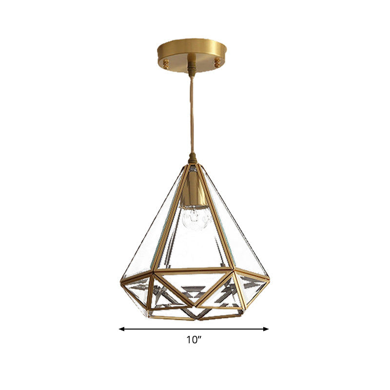 8"/10" Wide 1 Light Pendant Lighting Fixture Diamond Classic Clear Glass Hanging Lamp Kit in Brass Clearhalo 'Ceiling Lights' 'Chandeliers' 'Close To Ceiling Lights' 'Glass shade' 'Glass' 'Pendant Lights' 'Pendants' Lighting' 285215