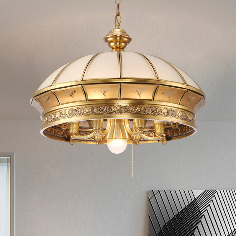 7 Lights Frosted Glass Chandelier Lighting Colonial Brass Domed Living Room Hanging Light Kit Clearhalo 'Ceiling Lights' 'Chandeliers' 'Glass shade' 'Glass' 'Pendant Lights' Lighting' 285222
