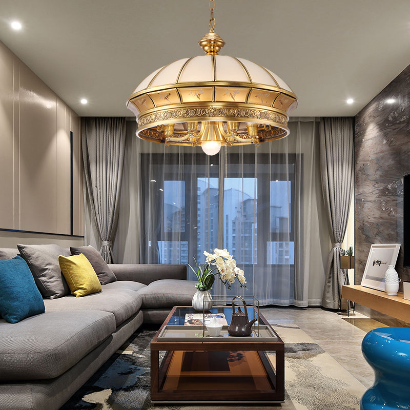 7 Lights Frosted Glass Chandelier Lighting Colonial Brass Domed Living Room Hanging Light Kit Clearhalo 'Ceiling Lights' 'Chandeliers' 'Glass shade' 'Glass' 'Pendant Lights' Lighting' 285223