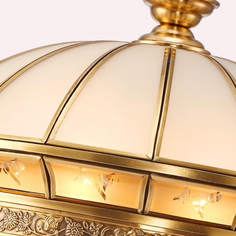 7 Lights Frosted Glass Chandelier Lighting Colonial Brass Domed Living Room Hanging Light Kit Clearhalo 'Ceiling Lights' 'Chandeliers' 'Glass shade' 'Glass' 'Pendant Lights' Lighting' 285226