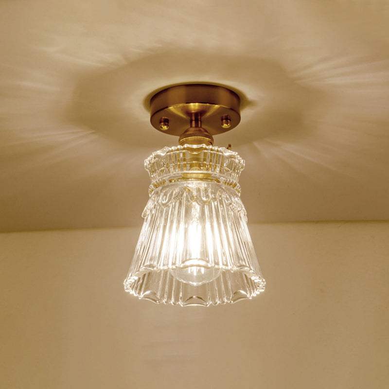 Colonialism Conical Flush Mount Lighting 1 Light Clear Ribbed Glass Ceiling Fixture Clearhalo 'Ceiling Lights' 'Close To Ceiling Lights' 'Close to ceiling' 'Flush mount' Lighting' 285233