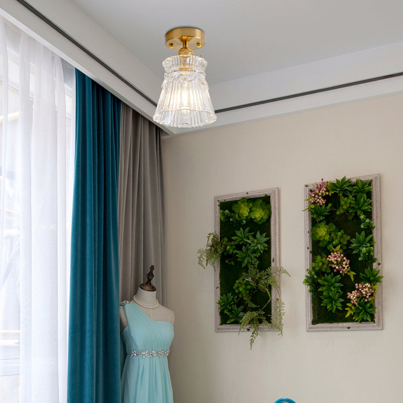 Colonialism Conical Flush Mount Lighting 1 Light Clear Ribbed Glass Ceiling Fixture Clearhalo 'Ceiling Lights' 'Close To Ceiling Lights' 'Close to ceiling' 'Flush mount' Lighting' 285234