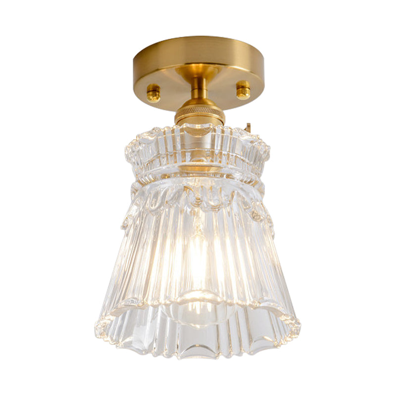 Colonialism Conical Flush Mount Lighting 1 Light Clear Ribbed Glass Ceiling Fixture Clearhalo 'Ceiling Lights' 'Close To Ceiling Lights' 'Close to ceiling' 'Flush mount' Lighting' 285235
