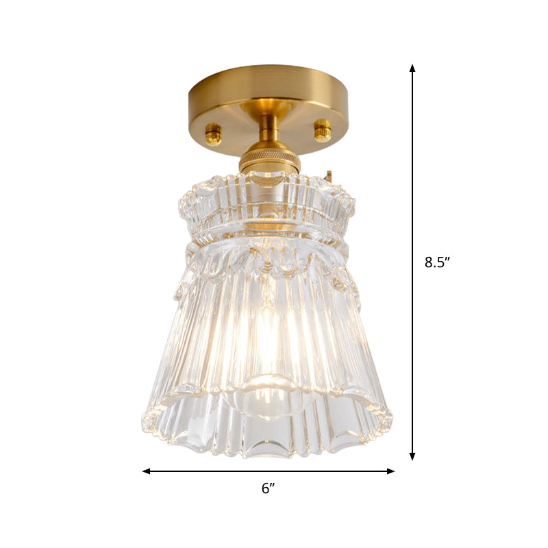Colonialism Conical Flush Mount Lighting 1 Light Clear Ribbed Glass Ceiling Fixture Clearhalo 'Ceiling Lights' 'Close To Ceiling Lights' 'Close to ceiling' 'Flush mount' Lighting' 285236