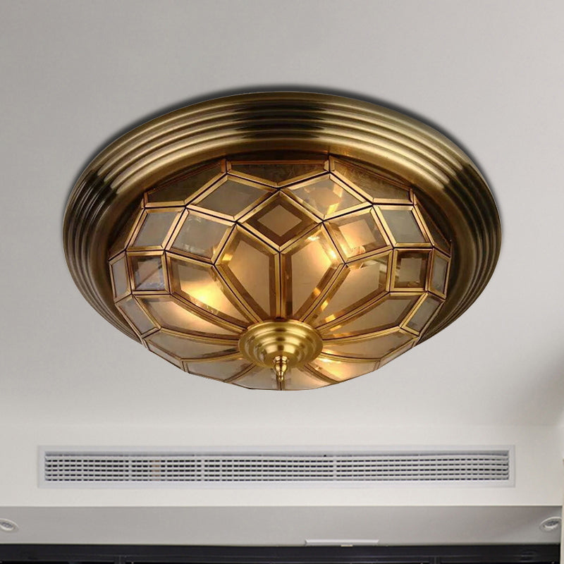 14"/18" Wide Frosted Glass Prismatic Flush Light Fixture Colonialism 3/4 Lights Bedroom Flushmount Lighting in Brass Clearhalo 'Ceiling Lights' 'Close To Ceiling Lights' 'Close to ceiling' 'Flush mount' Lighting' 285238