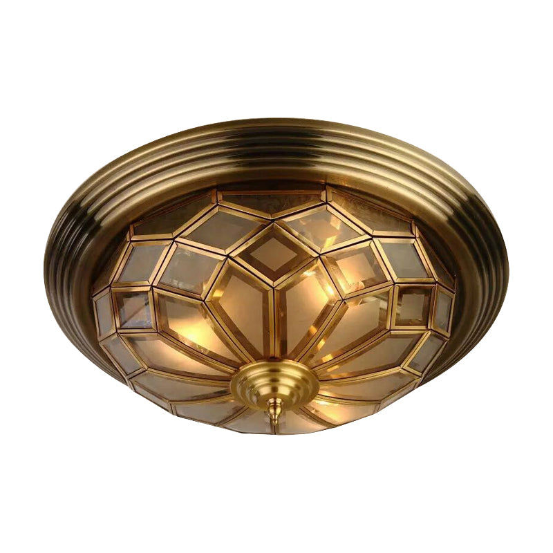 14"/18" Wide Frosted Glass Prismatic Flush Light Fixture Colonialism 3/4 Lights Bedroom Flushmount Lighting in Brass Clearhalo 'Ceiling Lights' 'Close To Ceiling Lights' 'Close to ceiling' 'Flush mount' Lighting' 285240