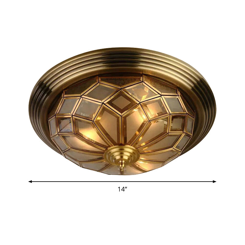14"/18" Wide Frosted Glass Prismatic Flush Light Fixture Colonialism 3/4 Lights Bedroom Flushmount Lighting in Brass Clearhalo 'Ceiling Lights' 'Close To Ceiling Lights' 'Close to ceiling' 'Flush mount' Lighting' 285241