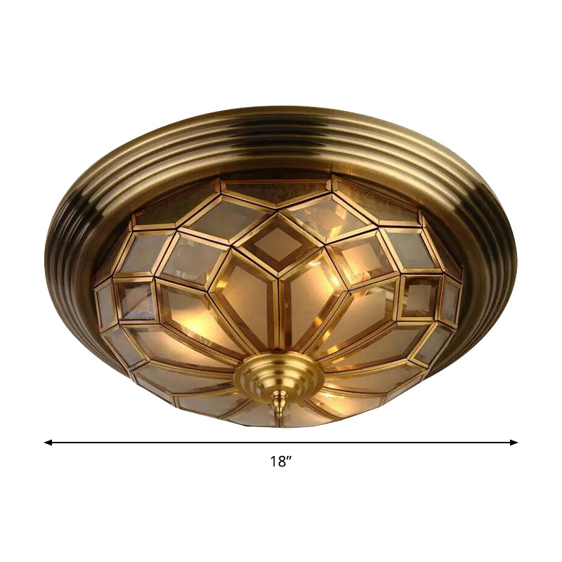 14"/18" Wide Frosted Glass Prismatic Flush Light Fixture Colonialism 3/4 Lights Bedroom Flushmount Lighting in Brass Clearhalo 'Ceiling Lights' 'Close To Ceiling Lights' 'Close to ceiling' 'Flush mount' Lighting' 285242