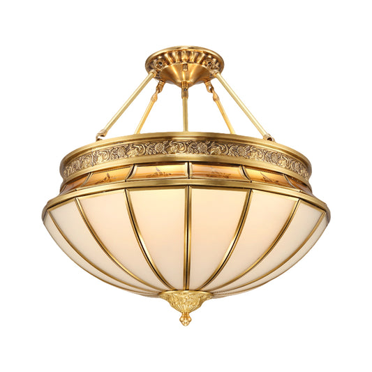 Inverted Living Room Semi Flush Mount Lighting Colonial Frosted Glass 4 Lights Brass Ceiling Light Clearhalo 'Ceiling Lights' 'Close To Ceiling Lights' 'Close to ceiling' 'Glass shade' 'Glass' 'Semi-flushmount' Lighting' 285246