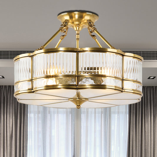 Frosted Glass Flower Semi Flush Mount Light Colonial 3 Lights Corridor Ceiling Fixture with Metal Frame in Brass Clearhalo 'Ceiling Lights' 'Close To Ceiling Lights' 'Close to ceiling' 'Semi-flushmount' Lighting' 285262