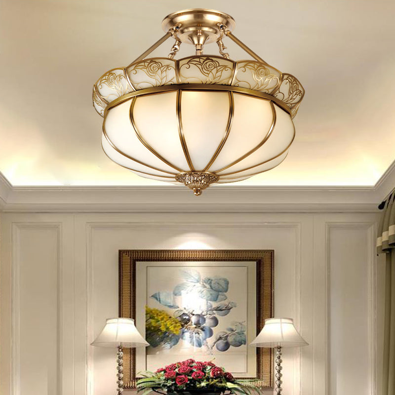 Brass Flower Semi Flush Lighting Colonialism Milky Glass 5 Lights Bedroom Ceiling Flush Mount Clearhalo 'Ceiling Lights' 'Close To Ceiling Lights' 'Close to ceiling' 'Glass shade' 'Glass' 'Semi-flushmount' Lighting' 285269