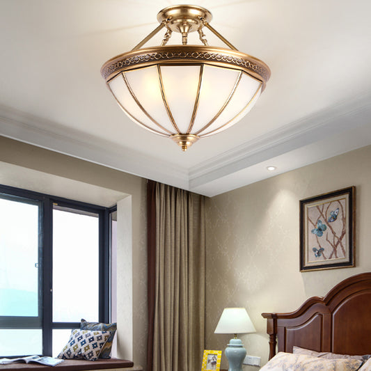 3 Lights Opal Glass Semi Flush Lighting Colonialism Brass Dome Shade Corridor Ceiling Mounted Fixture Clearhalo 'Ceiling Lights' 'Close To Ceiling Lights' 'Close to ceiling' 'Glass shade' 'Glass' 'Semi-flushmount' Lighting' 285274