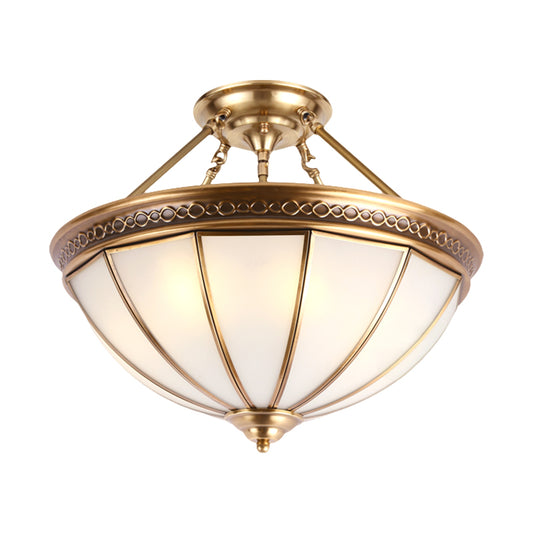 3 Lights Opal Glass Semi Flush Lighting Colonialism Brass Dome Shade Corridor Ceiling Mounted Fixture Clearhalo 'Ceiling Lights' 'Close To Ceiling Lights' 'Close to ceiling' 'Glass shade' 'Glass' 'Semi-flushmount' Lighting' 285275