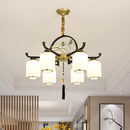 Frosted Glass Black and Gold Ceiling Chandelier Lantern 6/8/10 Lights Traditional Pendulum Light 6 Black-Gold Clearhalo 'Ceiling Lights' 'Chandeliers' 'Glass shade' 'Glass' 'Pendant Lights' Lighting' 285397
