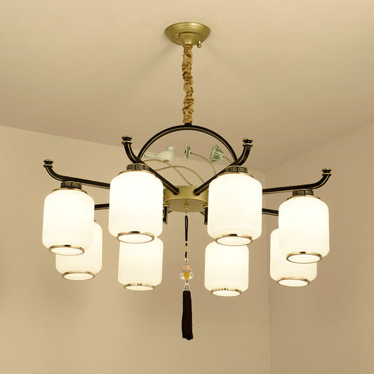 Frosted Glass Black and Gold Ceiling Chandelier Lantern 6/8/10 Lights Traditional Pendulum Light 8 Black-Gold Clearhalo 'Ceiling Lights' 'Chandeliers' 'Glass shade' 'Glass' 'Pendant Lights' Lighting' 285403