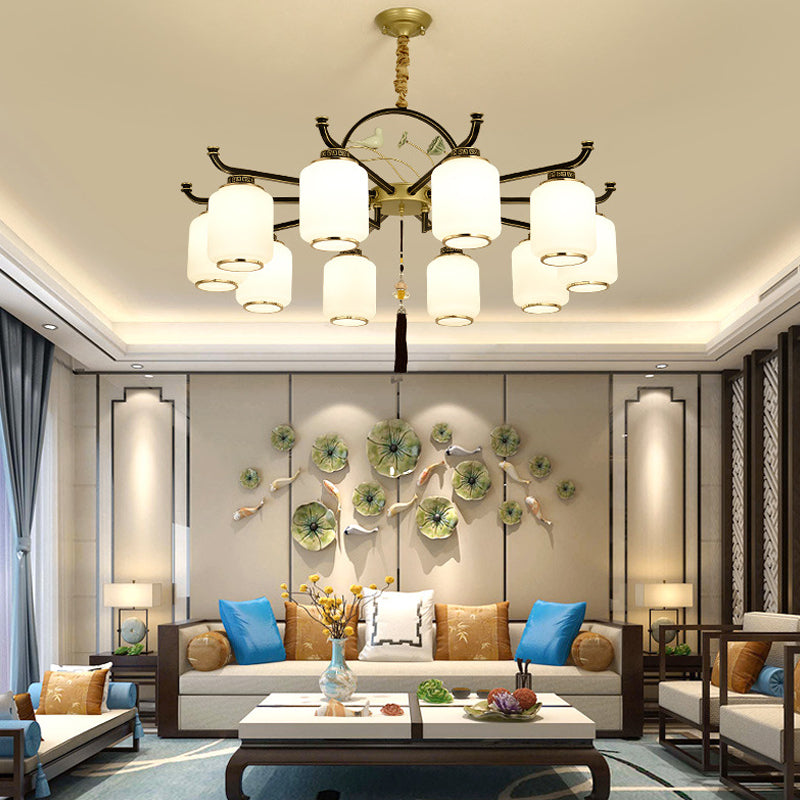 Frosted Glass Black and Gold Ceiling Chandelier Lantern 6/8/10 Lights Traditional Pendulum Light Clearhalo 'Ceiling Lights' 'Chandeliers' 'Glass shade' 'Glass' 'Pendant Lights' Lighting' 285408