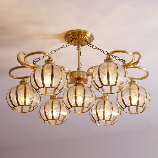 7 Heads Globe Semi Flush Light Traditional Gold Frosted Glass Ceiling Mounted Lamp Clearhalo 'Ceiling Lights' 'Chandeliers' 'Glass shade' 'Glass' 'Pendant Lights' Lighting' 285455
