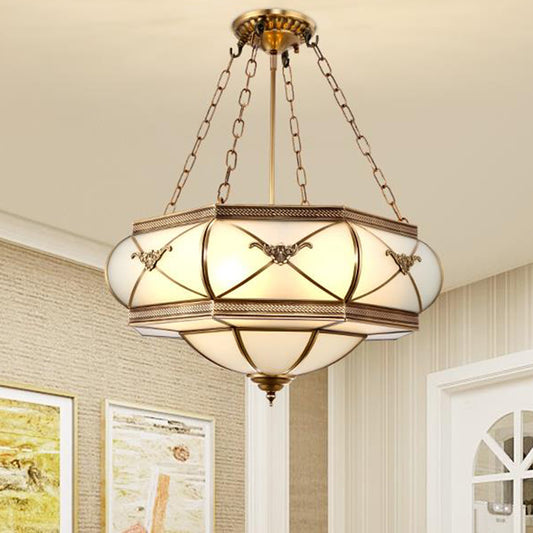 Brass 4 Heads Semi Flush Mount Lighting Traditional White Opal Glass Drum Close to Ceiling Lamp Brass Clearhalo 'Ceiling Lights' 'Chandeliers' 'Close To Ceiling Lights' 'Close to ceiling' 'Glass shade' 'Glass' 'Semi-flushmount' Lighting' 285464