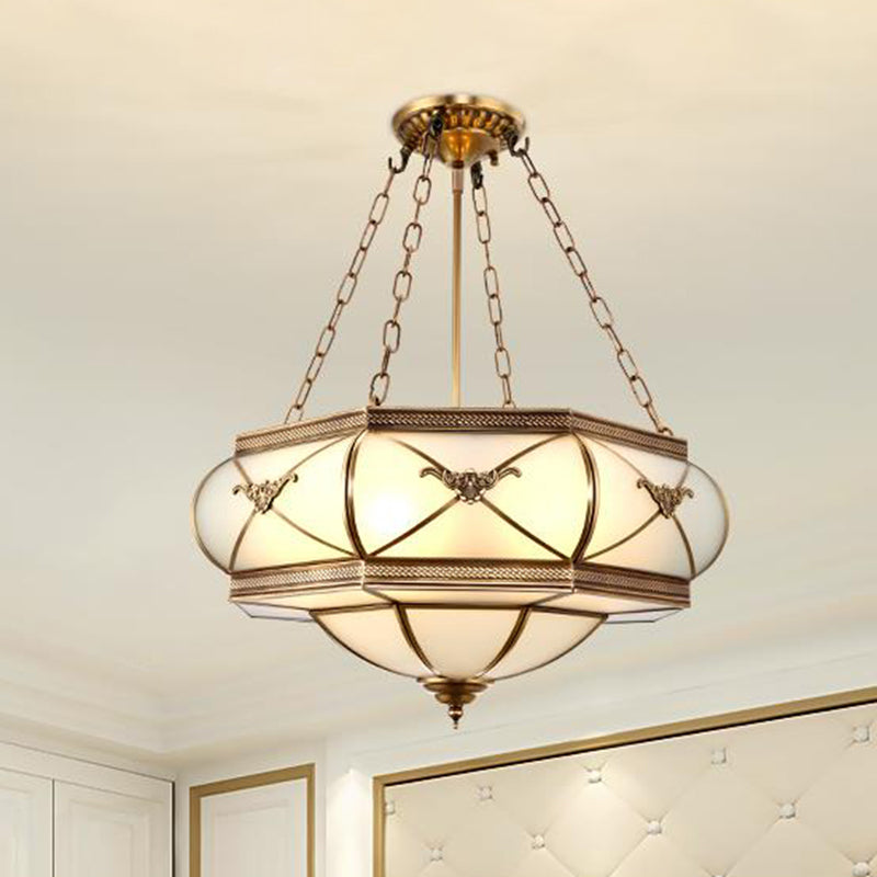 Brass 4 Heads Semi Flush Mount Lighting Traditional White Opal Glass Drum Close to Ceiling Lamp Clearhalo 'Ceiling Lights' 'Chandeliers' 'Close To Ceiling Lights' 'Close to ceiling' 'Glass shade' 'Glass' 'Semi-flushmount' Lighting' 285465