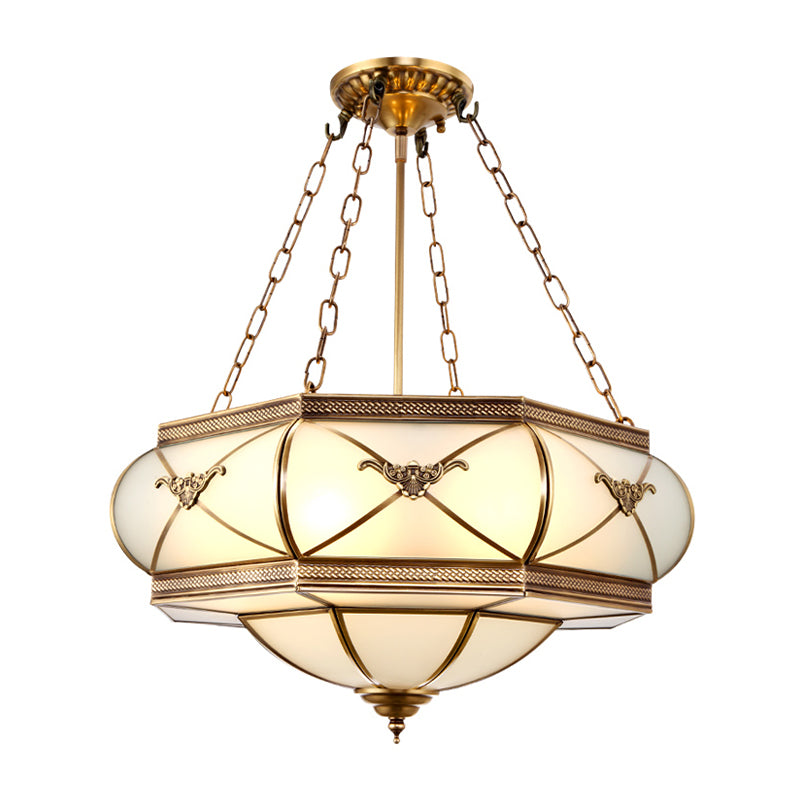 Brass 4 Heads Semi Flush Mount Lighting Traditional White Opal Glass Drum Close to Ceiling Lamp Clearhalo 'Ceiling Lights' 'Chandeliers' 'Close To Ceiling Lights' 'Close to ceiling' 'Glass shade' 'Glass' 'Semi-flushmount' Lighting' 285467