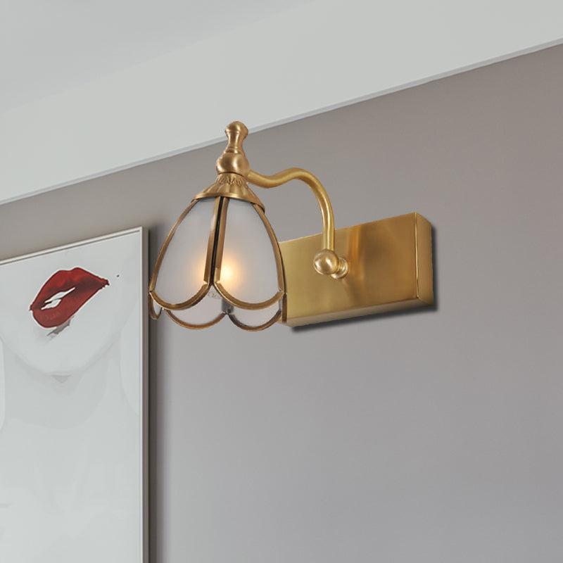 Brass Flower Shape Wall Lighting Rural Frosted White Opal Glass 1/2/3 Lights Bathroom Vanity Sconce 1.0 Brass Clearhalo 'Vanity Lights' 'Wall Lights' Lighting' 285480