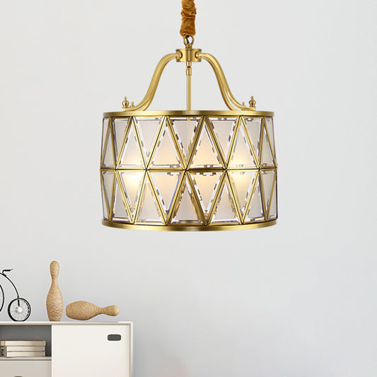 Drum Frosted Glass Chandelier Pendant Lamp Traditional 4/6 Lights 16"/19" Wide Dining Room Hanging Ceiling Light in Gold Clearhalo 'Ceiling Lights' 'Chandeliers' 'Glass shade' 'Glass' Lighting' 285522