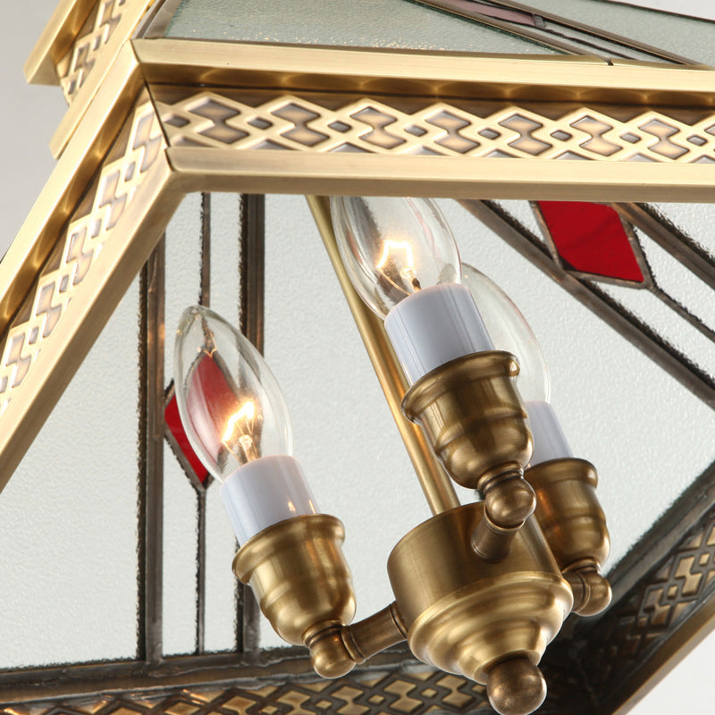 Pyramid Shaped Bedroom Ceiling Chandelier Retro Frosted Glass 3 Lights Gold Hanging Light Kit Clearhalo 'Ceiling Lights' 'Chandeliers' 'Glass shade' 'Glass' 'Pendant Lights' Lighting' 285538