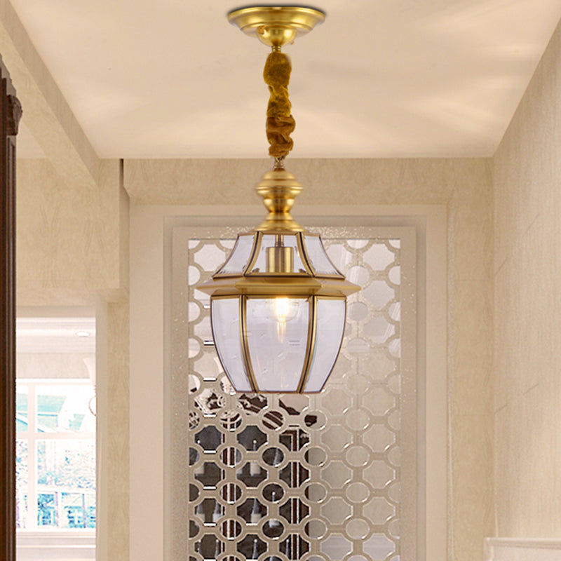 1 Bulb Earthen Jar Pendant Light Fixture Vintage Gold Clear Glass Hanging Ceiling Lamp, 6"/8.5" Wide Clearhalo 'Ceiling Lights' 'Glass shade' 'Glass' 'Pendant Lights' 'Pendants' Lighting' 285607